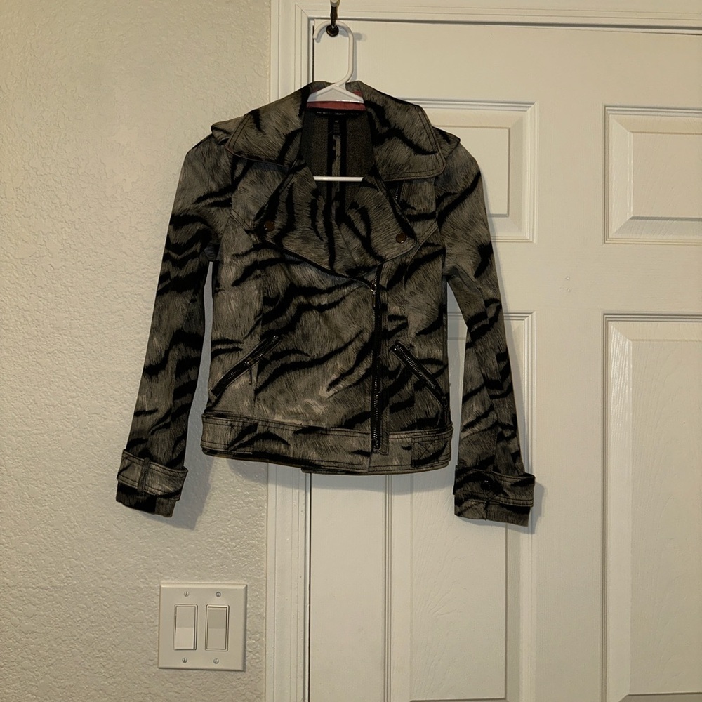 White House Black Market Black and Gray Zebra-Print Moto Jacket